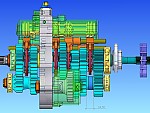 Gearbox in a ground plan with designated distance between the toothed rims